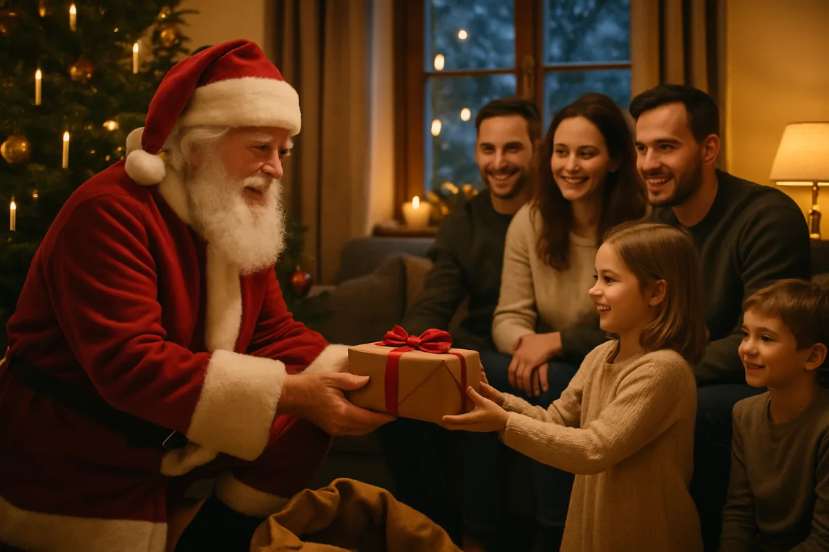 Weihnachtsmann im roten Mantel überreicht einem Mädchen am Heiligabend ein Geschenk, Eltern und Bruder schauen zu
